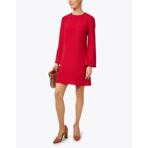 Tara Jarmon Raja Red Shift Dress Dot Trim Feminine Flared Long Sleeves EUC EU 36